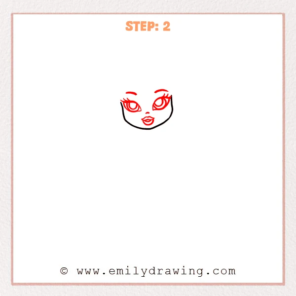 how to draw a bratz doll - A Bratz doll face with large stylized eyes, eyelashes, eyebrows, a small nose, and full lips added inside the rounded face outline.
